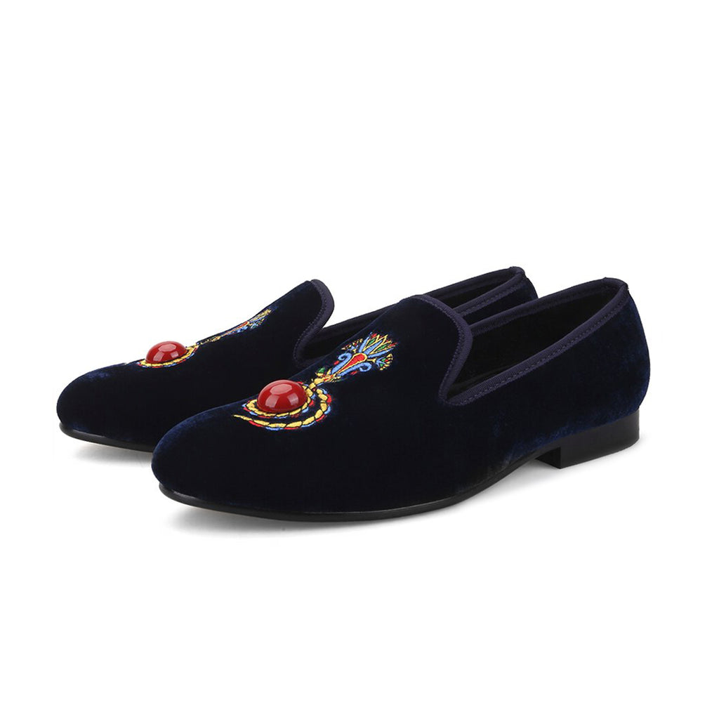 blue embroidered velvet loafers