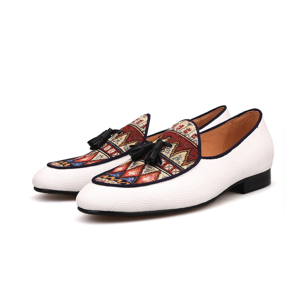 Aris White Embroidered Tassel Loafers - Loafer Spot Men's Handmade Loafers